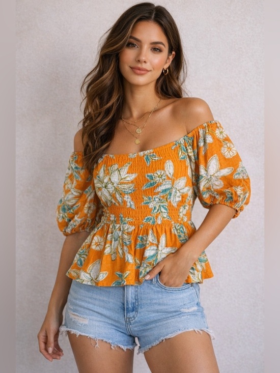 Flying Tomato Tops - Flying Tomato Orange Floral Linen Off Shoulder Puff Sleeve Blouse M